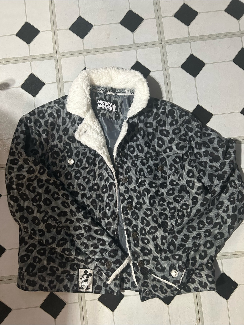 Disney Gray & Black Leopard Sherpa-Trim Jean Jacket